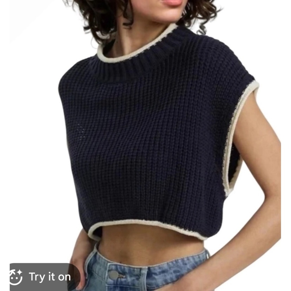 Zara Womens Navy Blue Knit Cropped Sweater Vest Open Back Tie Size Medium